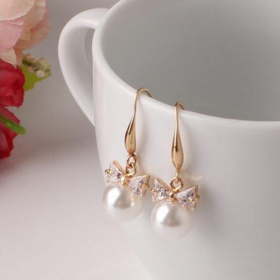 1 Pair Women Hook Earrings Faux Pearl Rhinestone Decor Short Bow Earrings Prom Party Wedding Dangle Earrings Ear Jewelry Drop Earrings