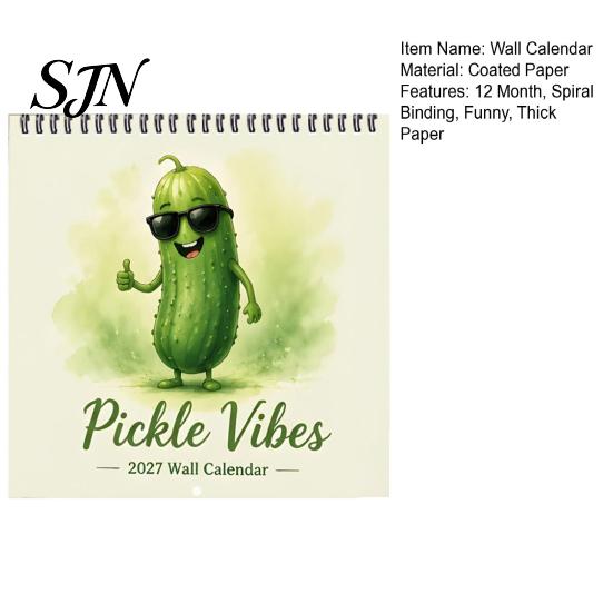 Thick Paper Monthly Organizer Pickle Wall Calendar 2027, Funny Pickled Cucumber Illustrations 12 Student Study Room Month Planner, Spiral Bound