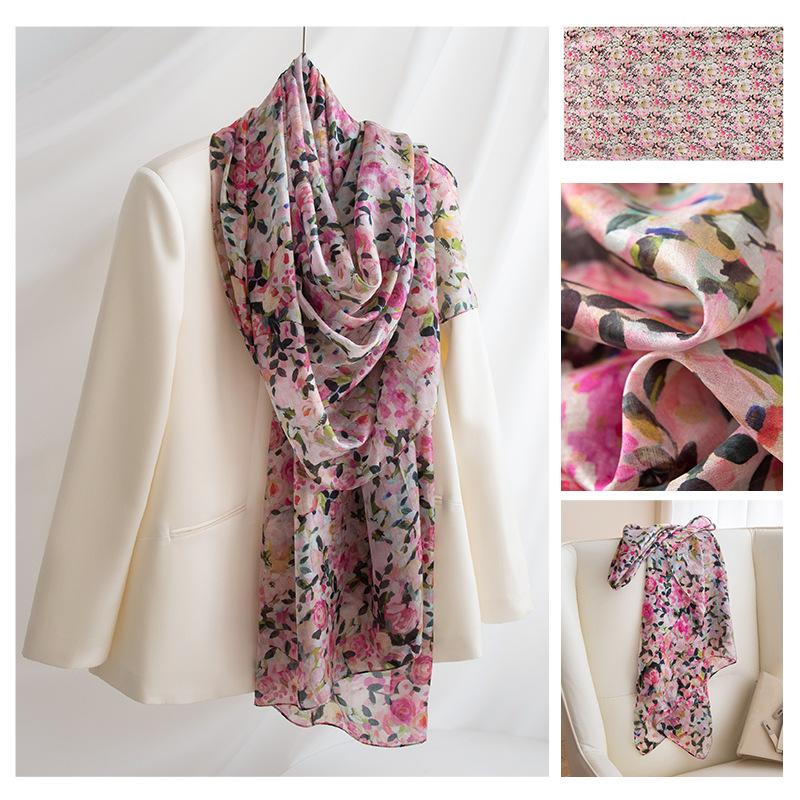 Long Strips of Silk Scarf  High-end Sense Mulberry Silk Scarf  Women's Fresh Small Floral Thin Style  Atmosphere  Big Shawl