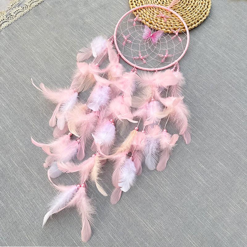 Łapacz Snów Elegancki Ręcznie Tkany Różowe Pióra Dzwonki Wiatrowe Wiszący na Ścianę Sypialnia Wiszące Ozdoby Urodzinowe Dekoracja Domu