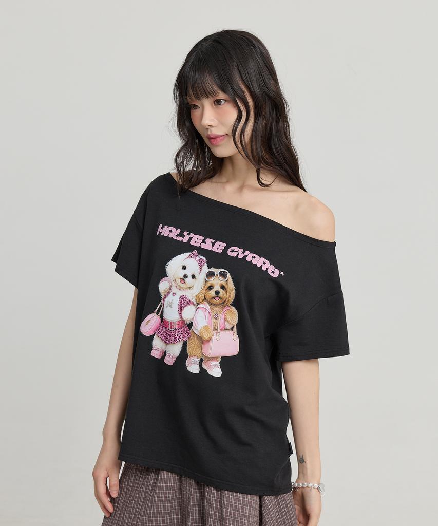 WAIKEI Maltese Gyaru Off-Shoulder T-Shirt Black