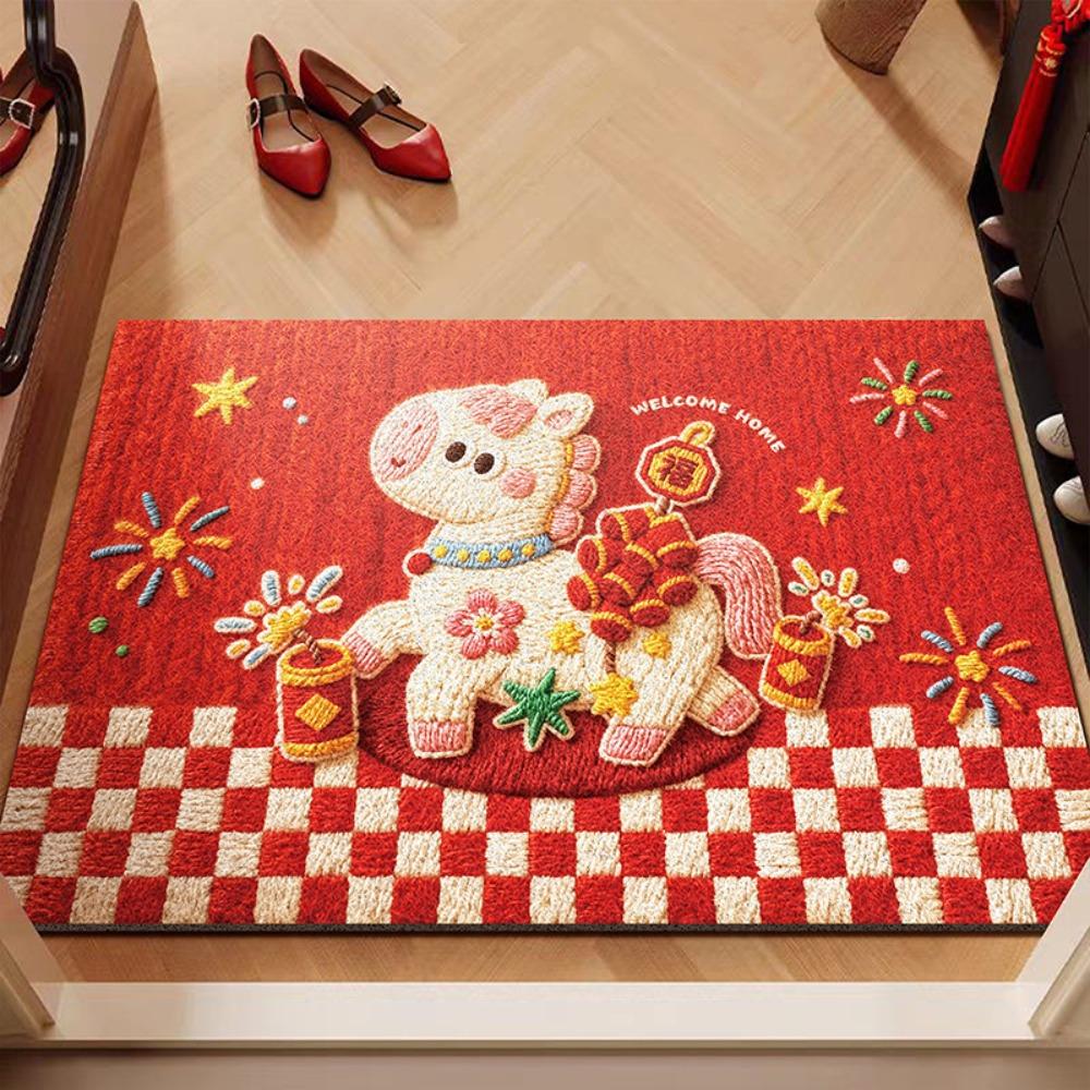 New Horse Pattern New Year Door Mat Red Door Carpet Soft Water Absorption Blanket Home Decorations