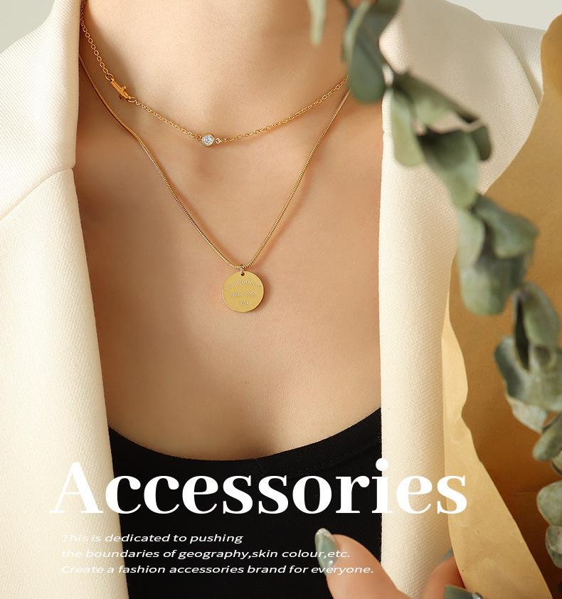 European-American Colorfast Thin Snake Bone Chain Necklace with Round Cross Zirconia Pendant, Gold-Plated Titanium Steel