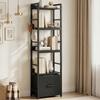 4-Tier Bookshelf, Narrow Bookcase with Drawer, 8 Hooks, Metal Frame, Black
