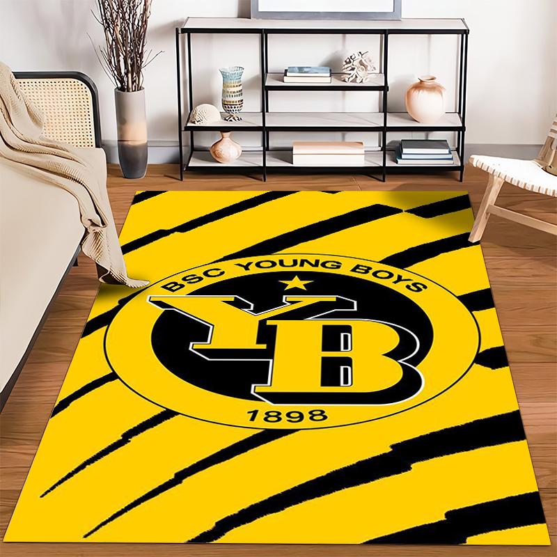 Yellow-Black Striped Logo Design Rug Non-slip rug suitable for living room and bedroom sofas.