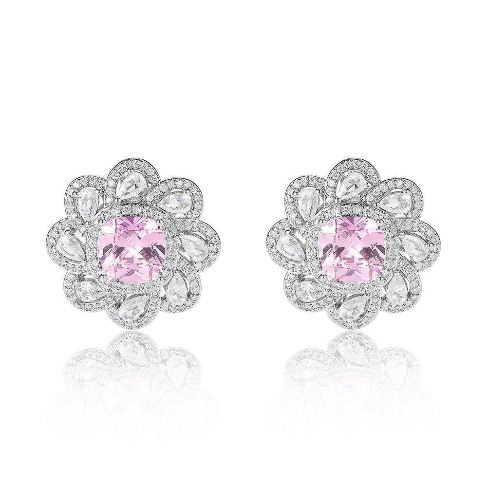 Slightly inlaid pink zircon ring, bright rich flower pendant, necklace, European and American style noble earrings.