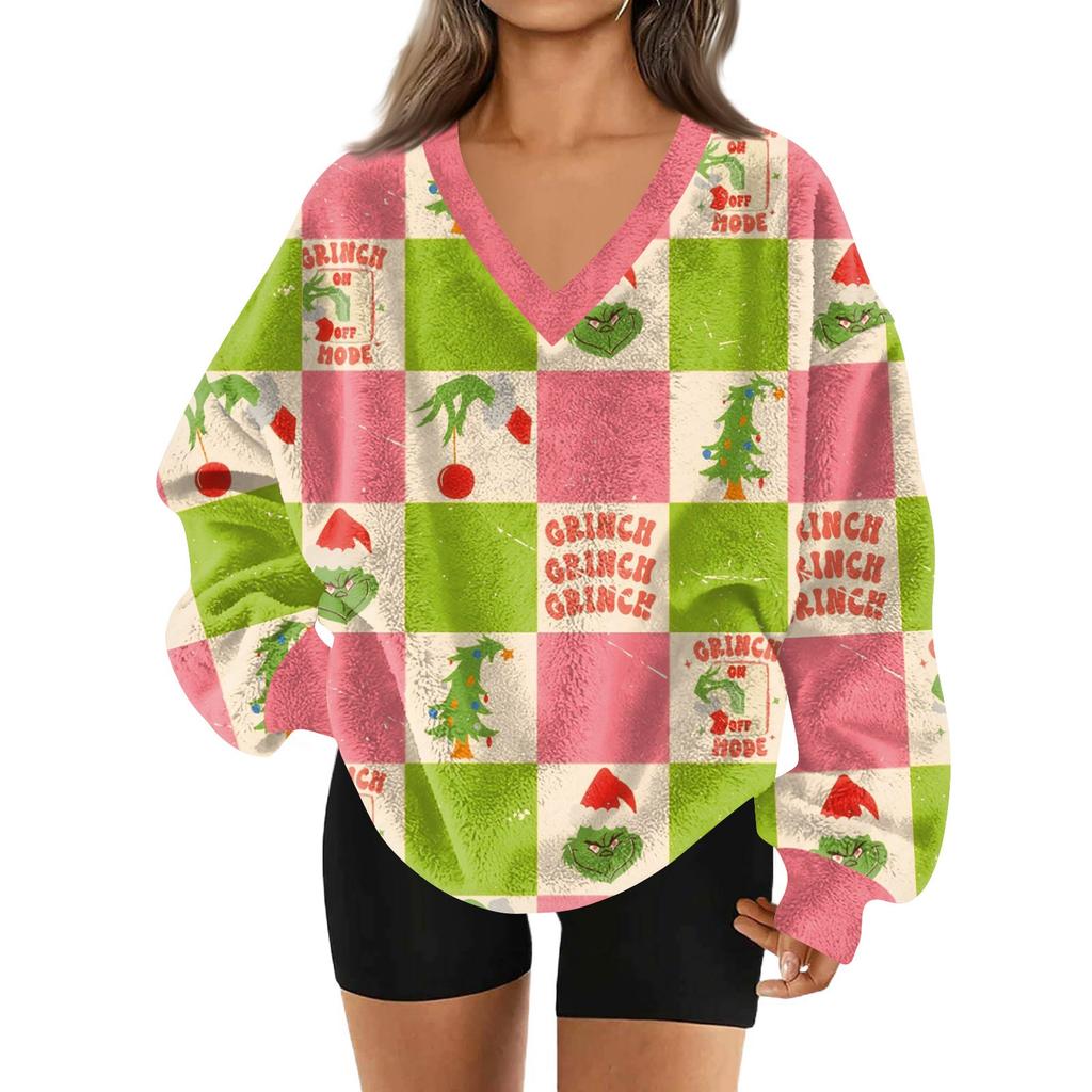 Women's Fashionable V-neck Christmas Printed Long Sleeved Casual Pullover Plush Warm Pocket Sweatshirt Top