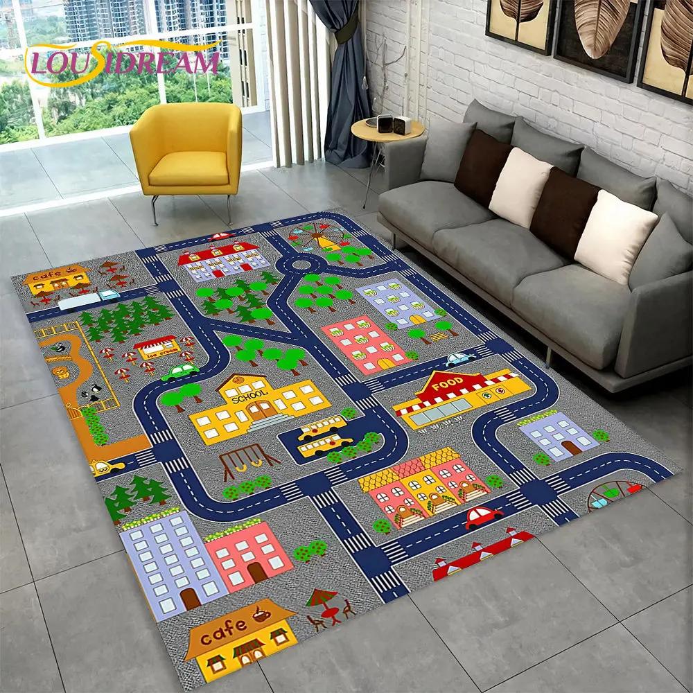 Highway City Traffic Cartoon Area Rug,Carpet Rug for Living Room Playroom Children's Bedroom Decor,Kid Game Non-slip Floor Mat