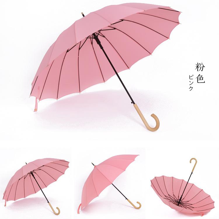 Neuer einfacher und modischer kleiner und frischer 16-Speichen-Stockschirm mit Holzgriff, Langgriffschirm