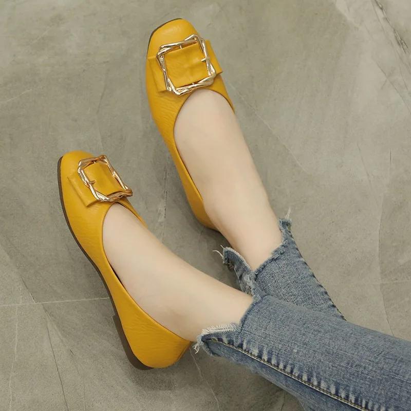 Fashion Woman Fashion Square Toe Daily Pu Flats Lady Metal Square Buckle Colorful Female Elegant Suede Plum Red Work Shoes