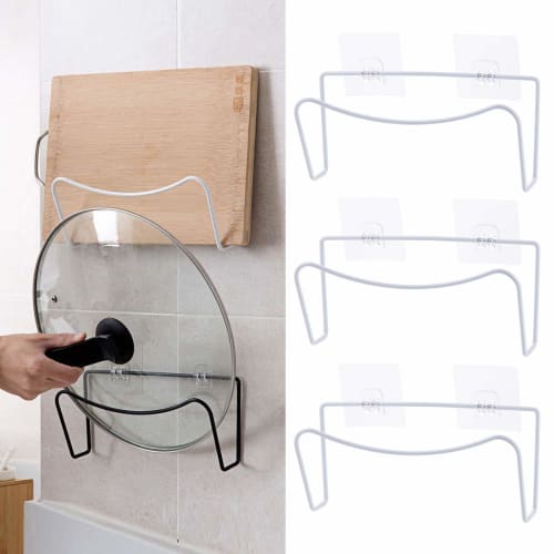 Shinepine Wall-Mounted Cutting Board Stand, Pot Lid Holder, Kitchen Storage with Strong Adhesive, No Drilling Required, 3-Piece Set, White