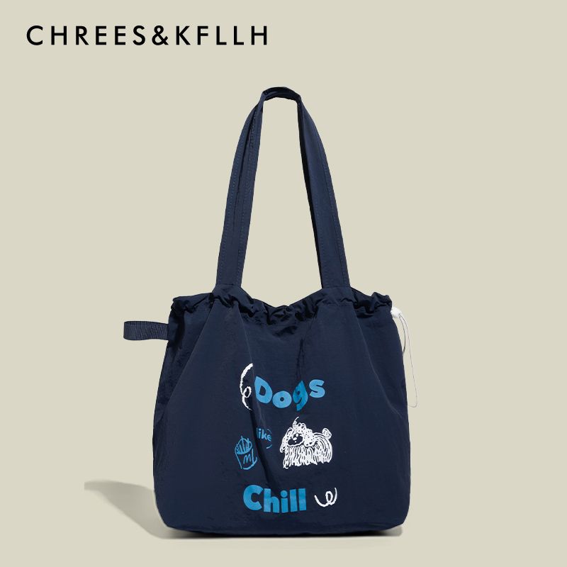 

Chrees & Kfllh Korean Series Lazy Canvas Bag Women 2025 New Large Capacity Drawstring Shoulder Tote Bag Navy blue
