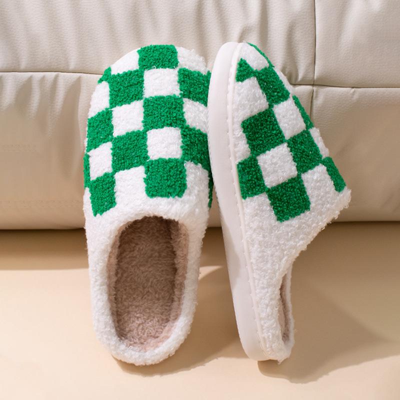 Rainbow checkerboard plaid winter indoor non-slip home cotton slippers plush warm daily casual fluffy slippers