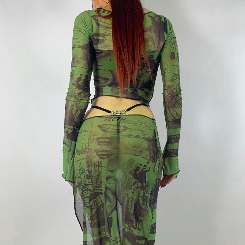 Sexy See Trog Crop Top Vintage Grafikdruck Grün Mesh Sheer T-Shirt Lange Flare Ärmel Slim Fit T-Shirt Damen Kleidung