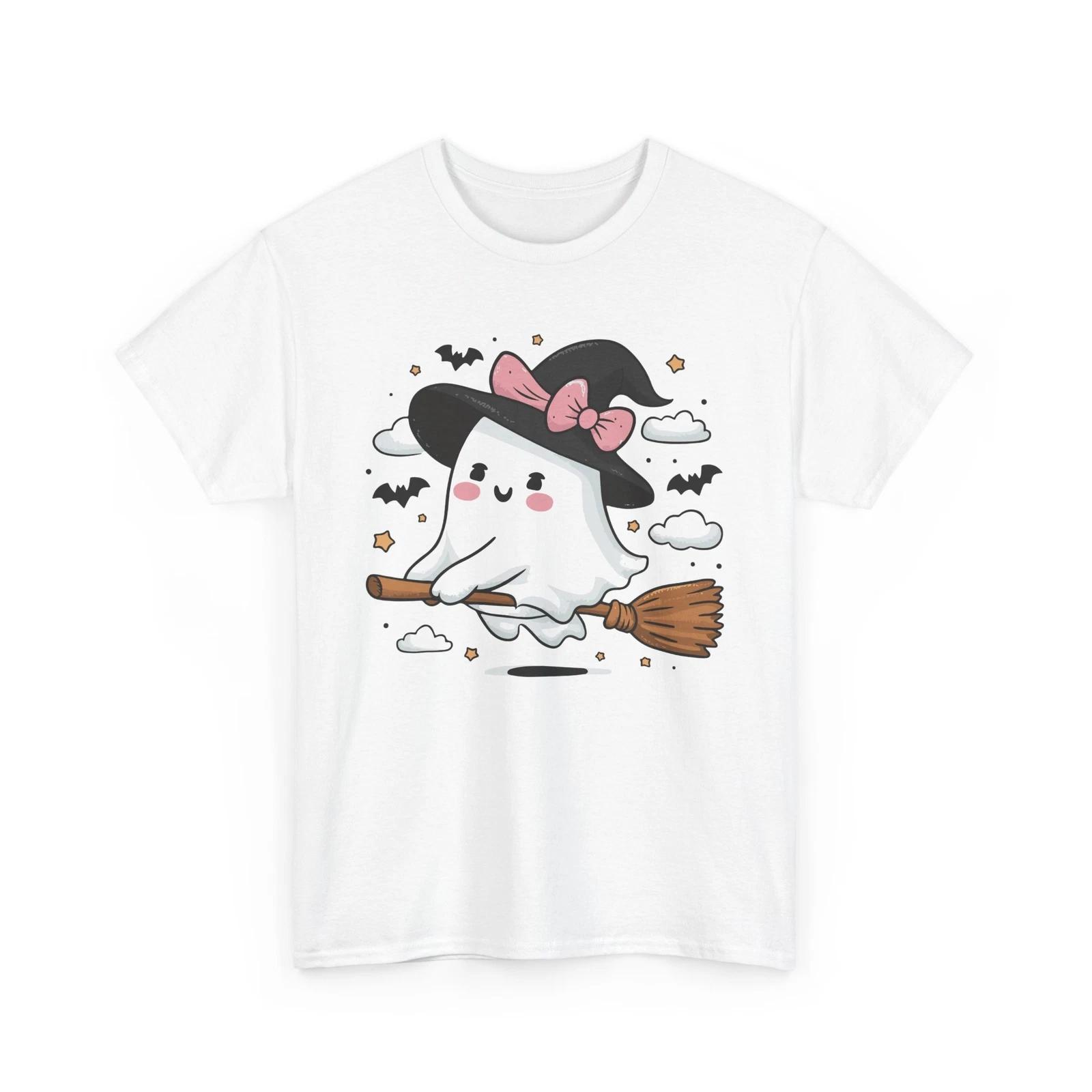 Spooky Cute Ghost T-Shirt | Fun Halloween Tee | Flying Witch Ghost Shirt M