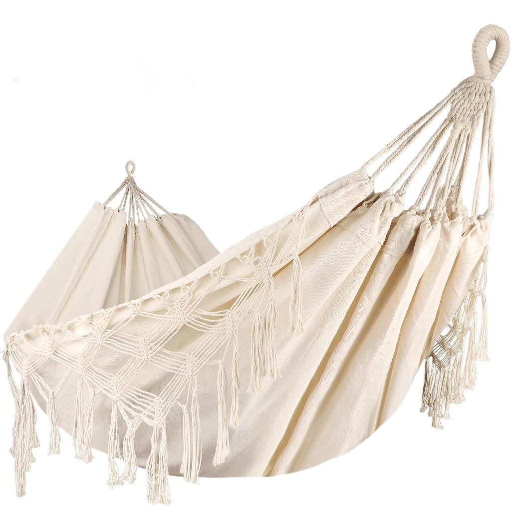 Portable Double Hammock Chair - Curved Bar Canvas Swing with Tassels for Outdoor Camping