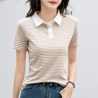Summer Women's T-shirt Lapel Short-sleeved Comfortable Casual Stripes T-shirt Slimming