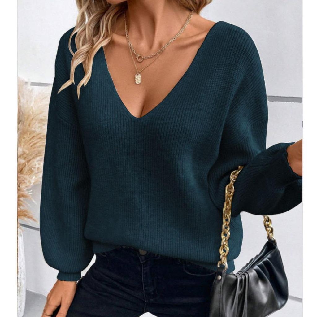 Suéter de Punto de Cuello en V para Mujer Color Sólido Otoño Nuevo Estilo Manga Larga Casual Suelto Top con Lazo para Mujer