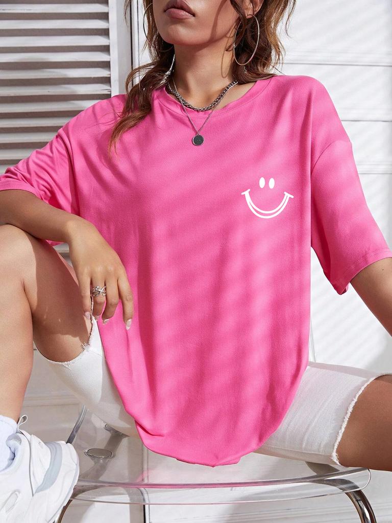 Happy Expression Printed Womens Cotton Short Sleeve Street Hip Hop Tee Clothing Allmath Breathable Tops Crewneck Woman TShirts