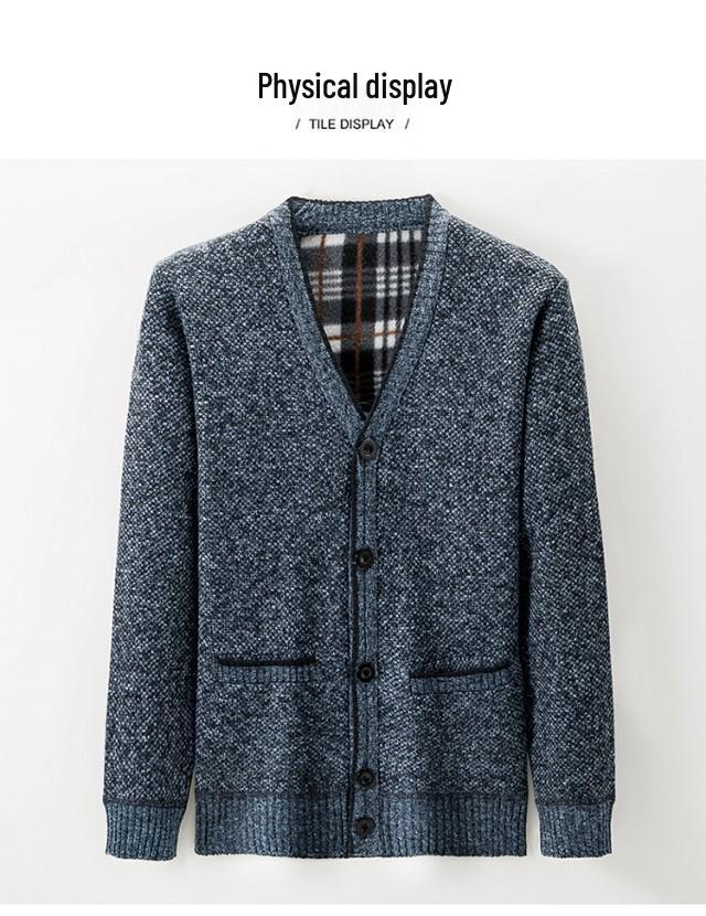 Men's Autumn/Winter Plus Velvet V-Neck Long Sleeve Cardigan Sweater
