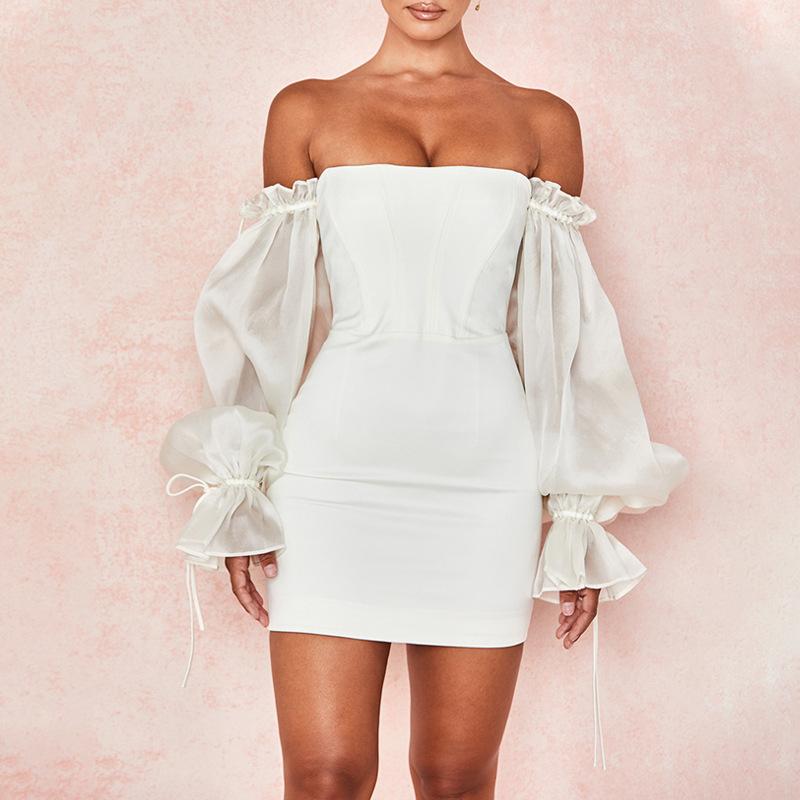2026 European and American Women's Clothing Spring and Summer New Sexy Off-the-shoulder Tube Top One-word Collar Versatile Lantern Sleeve Tube Top Dre