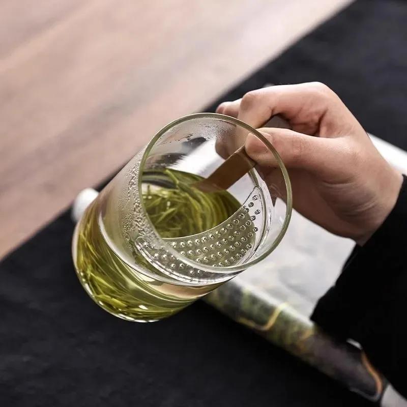 Tea Cup With Crescent Moon Filter Japanese Wooden Handle Heat-resistant Glass Cups Tea Leaf Separation Tea Cup Set