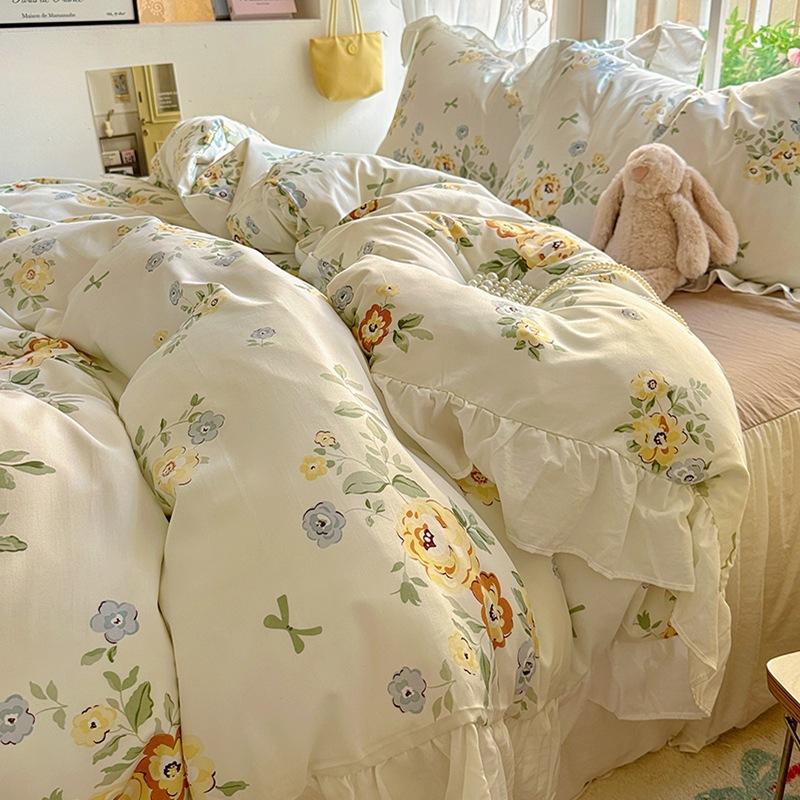 Small Fresh Pure Cotton Four-piece Set Lace Korean Version Princess Style Washed Cotton Bed Skirt Quilt Cover Cream Style Bedding
