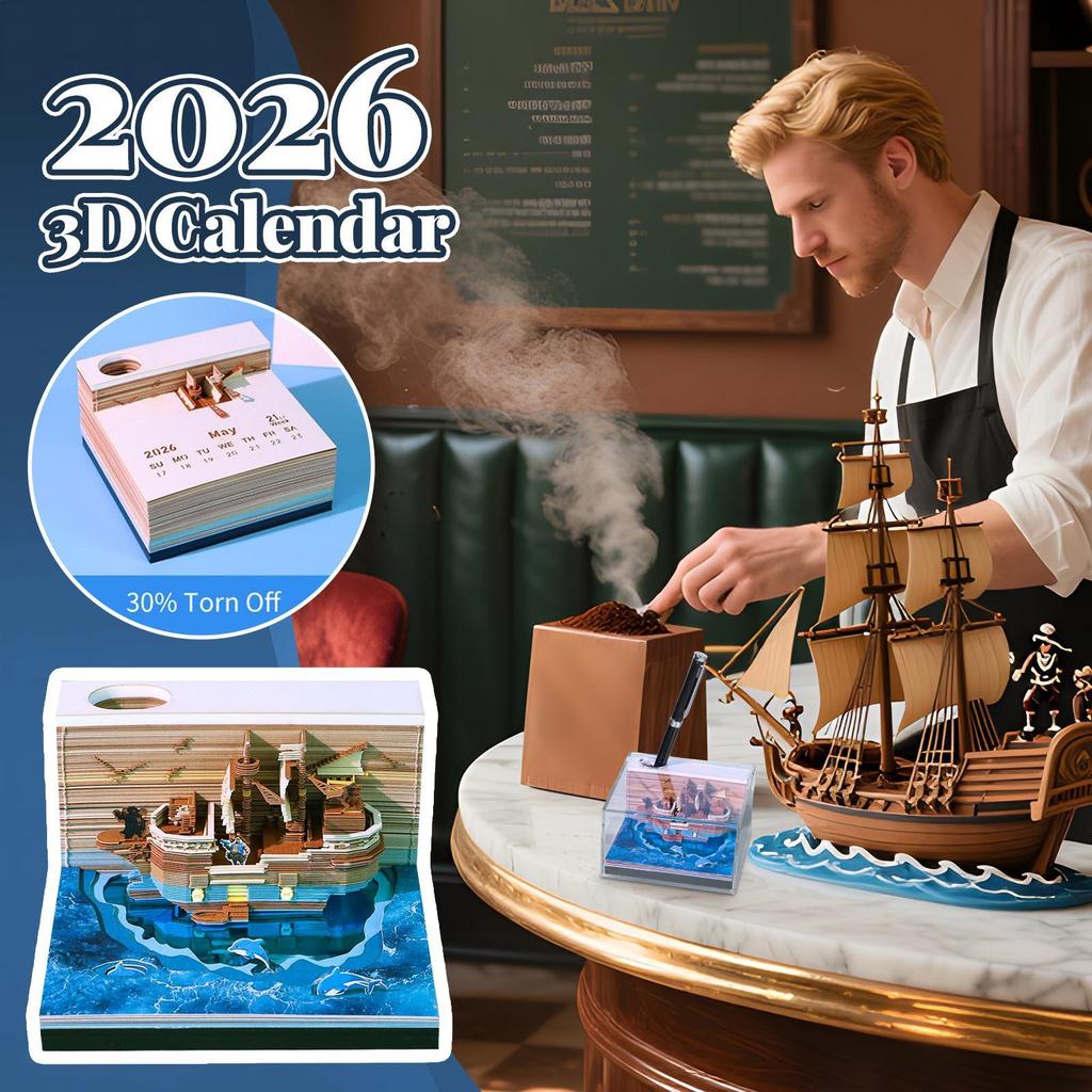 2026 3D Calendar Pirate Ship 3D Calendar 3D Paper Sculpture Art Notepad Calendar Tear Away 3D Paper Calendar Creative Ornament