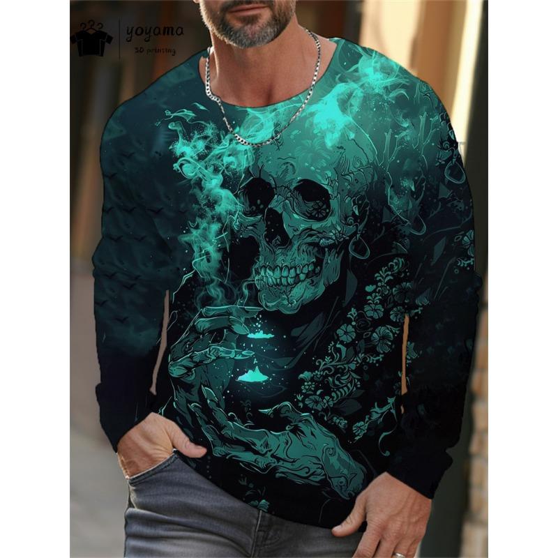 Men Long Sleeve T‑Shirt Halloween 3D Print Scarecrow Skull Ghost Haunted House Pumpkin Bat Gothic Party Casual Tee