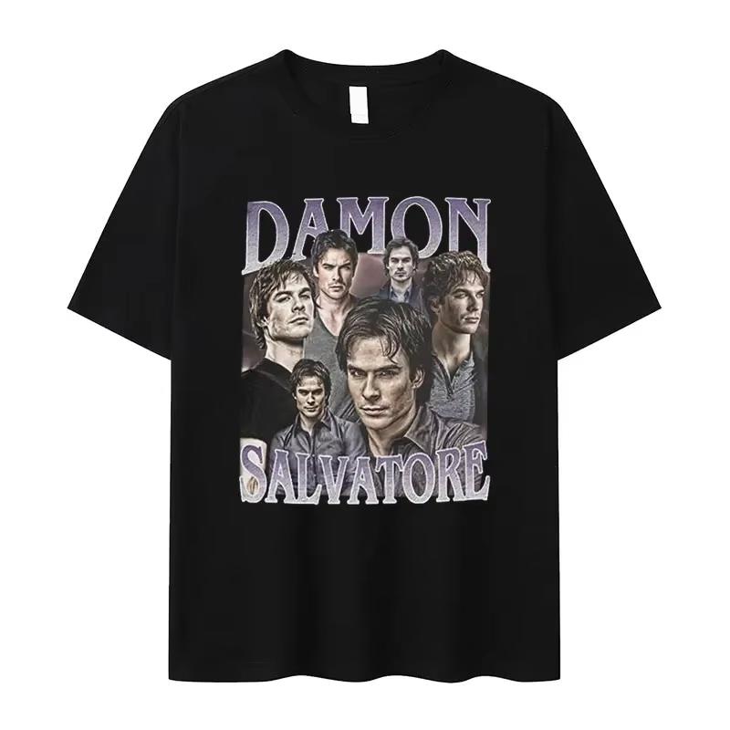 Damon Salvatore IanSomerhalder TV Drama Pattern Tshirt for Men Women Retro Gothic Fashion Oversized Shirt Short Sleeve Casual Clothing