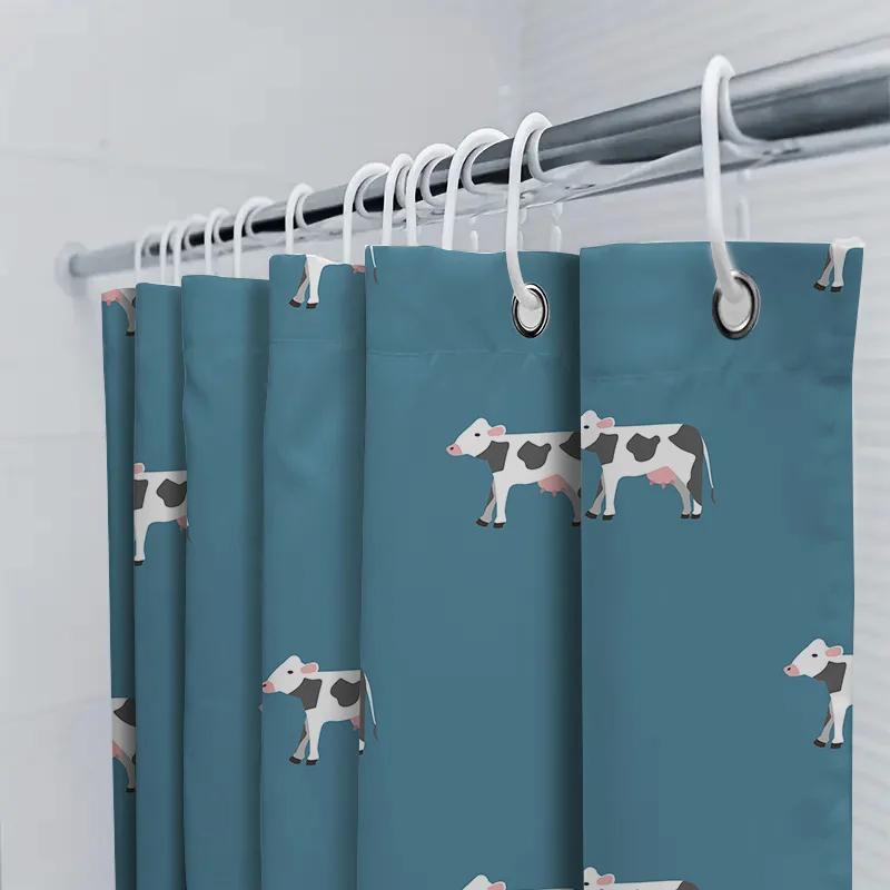Adorable Farm Animal Print Shower Curtain Black White Cow Patterned Blue Fabric Bath Liner For Home Decor