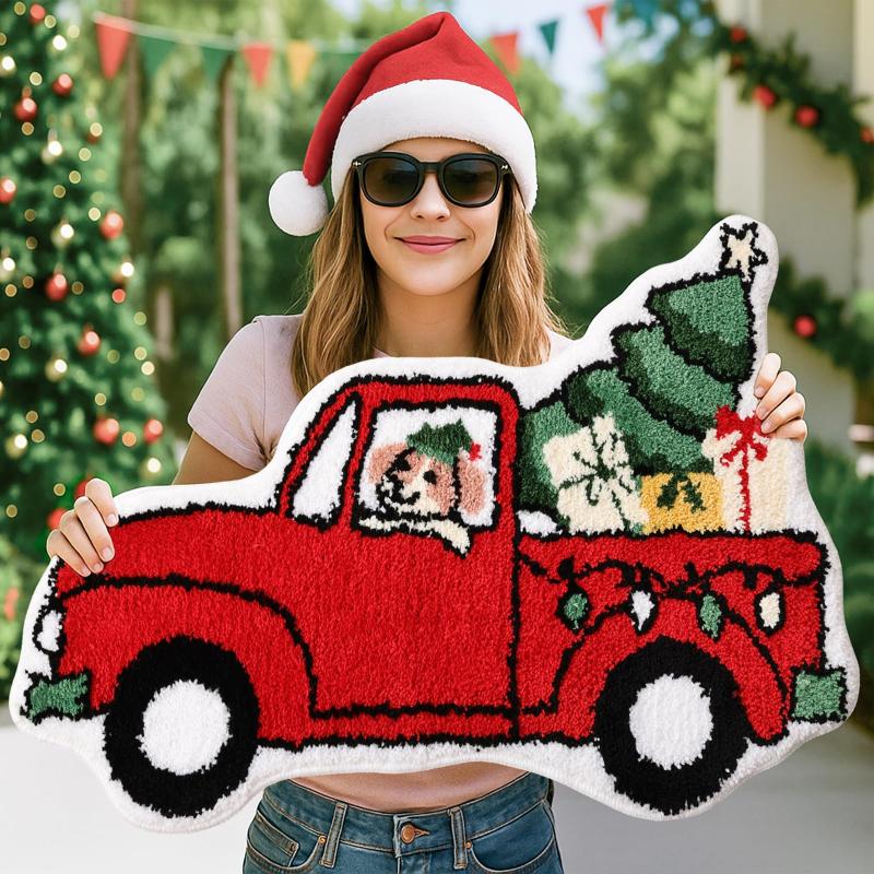 Holiday Red Truck Christmas Tree Plush Bath Mat Easy‑Care Rug for Indoor Bedroom Xmas Home Decoration