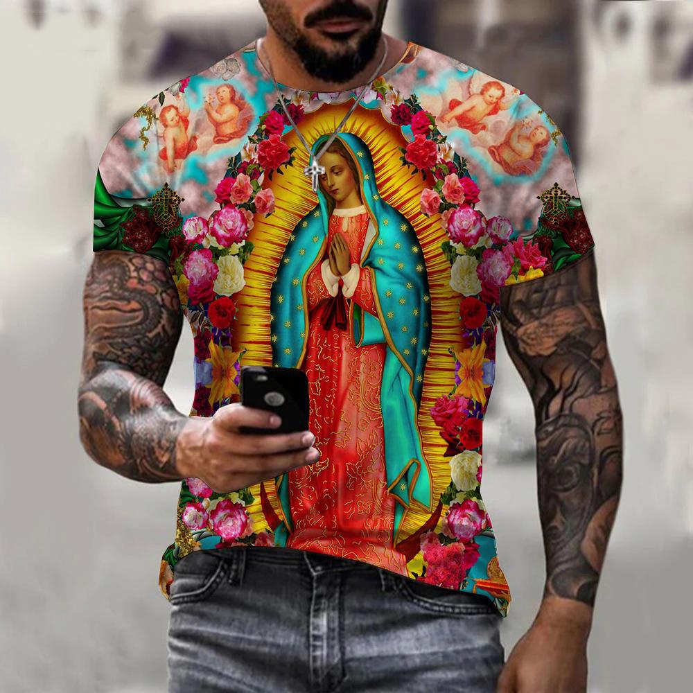 Summer Round Neck 3D Guadalupe Virgin Mary Catholic Print Top Fashionable Casual Short Sleeved Men's T-shirts