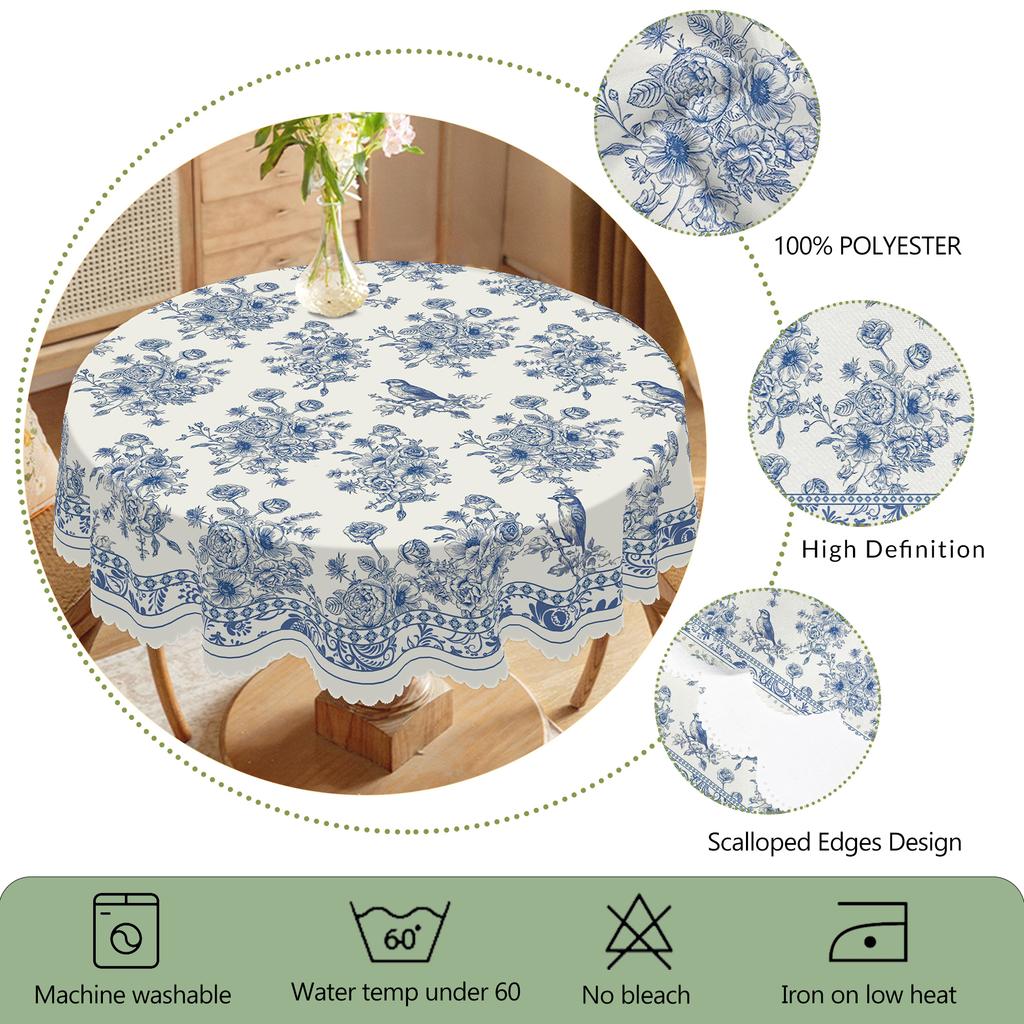 1 Piece Of Vintage Floral-Themed Tablecloth, Featuring A Blue And White Porcelain Style Print With Floral And Bird Patterns, Available In Various Size