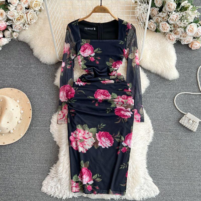 

Accessible Luxury Ladies Long Sleeves Mesh Dress Rose Print Black S