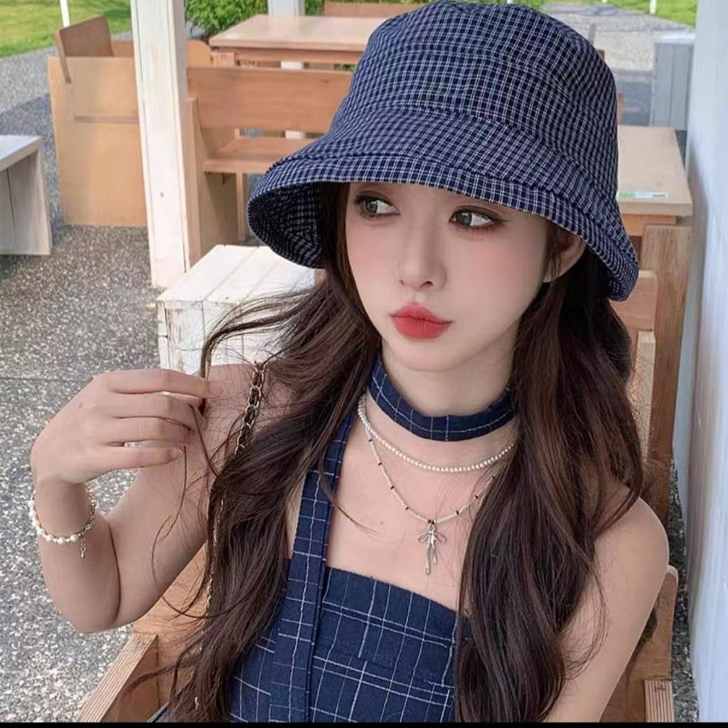 Small fresh plaid bucket hat new curling edge versatile sunscreen hat fashionable big eaves show face small sunshade basin hat