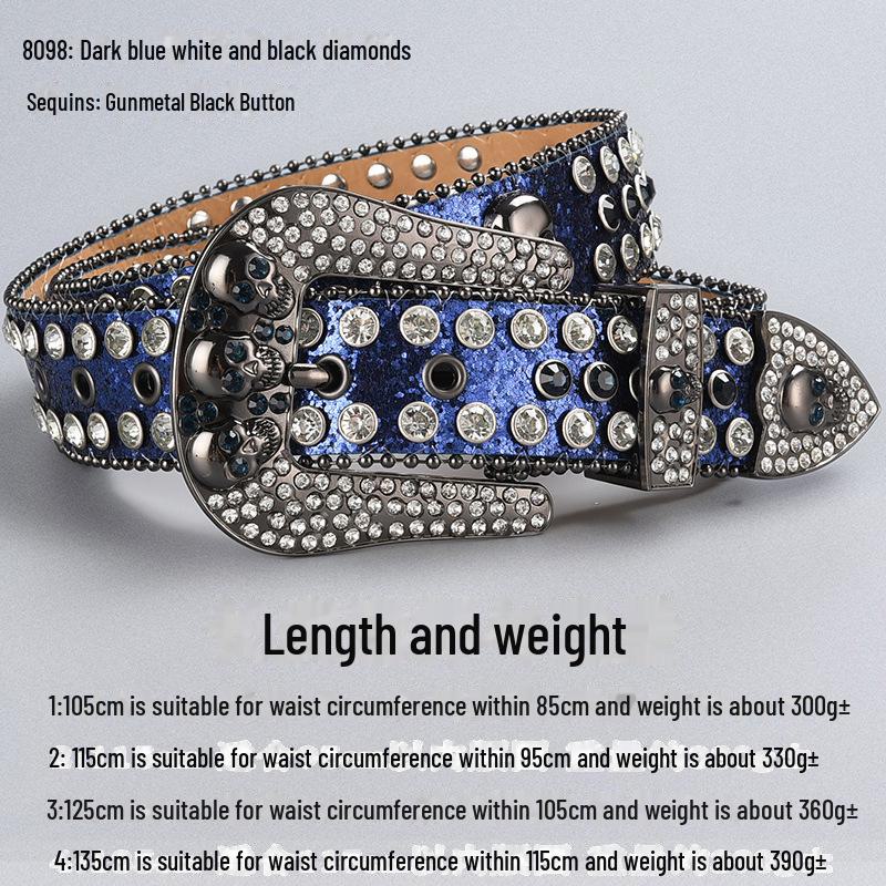 Curea de lux cu cataramă cu strasuri și craniu închis la culoare, cu paiete și diamante