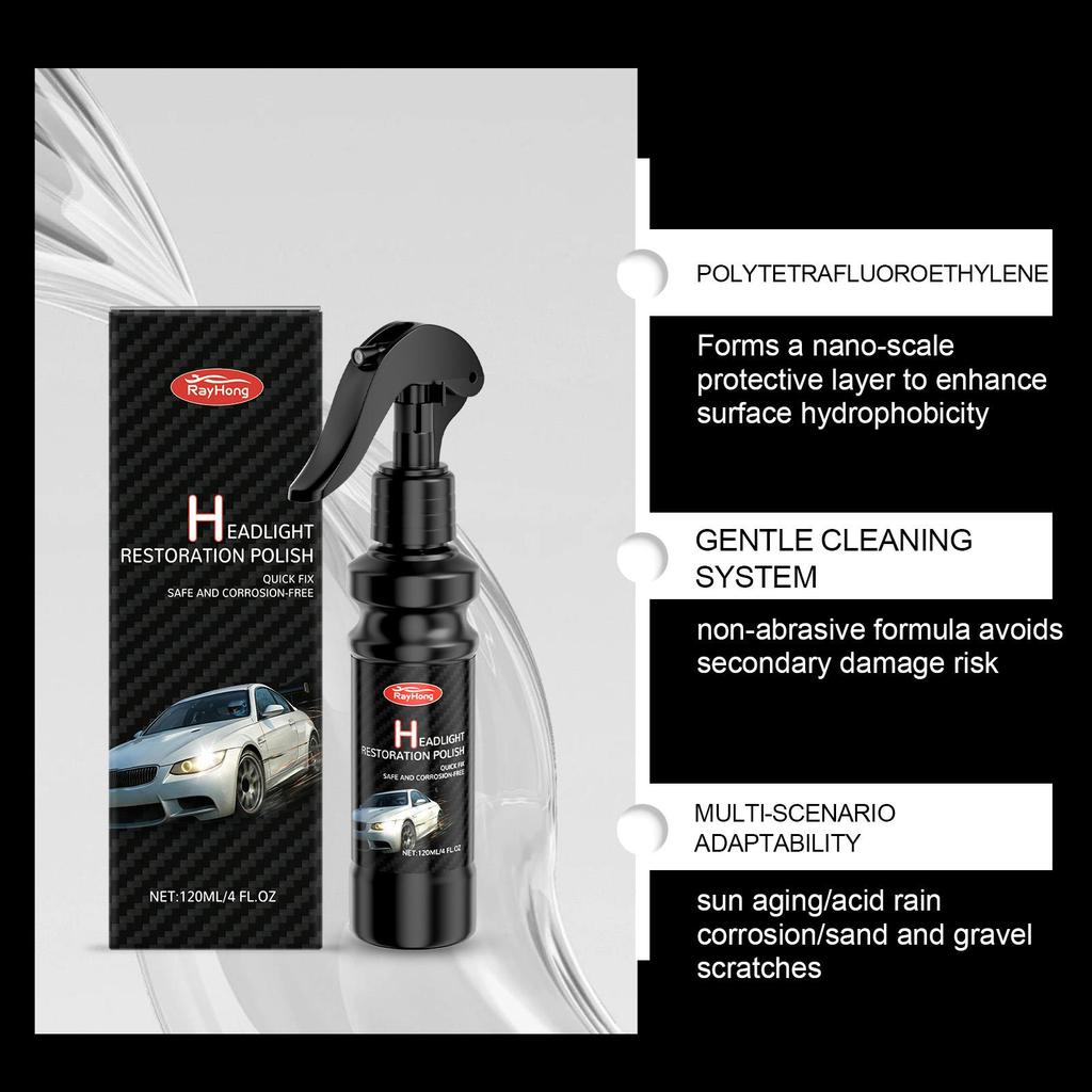 Rayhong Automotive Headlight Maintenance Spray Waterproof & Anti-Fog Formula for Plastic & Glass Lens Covers 120ml