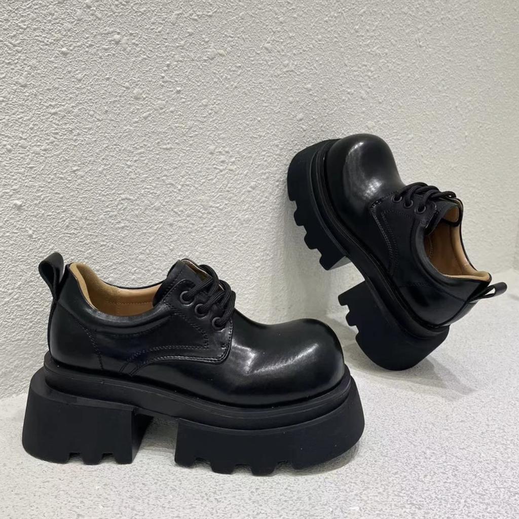 Fashion Genuine Leather Round Toe Loafers Women's Thick-Soled Lace-Up Black Patent Leather Platform Shoes Fashion 2025 Spring New Shoes