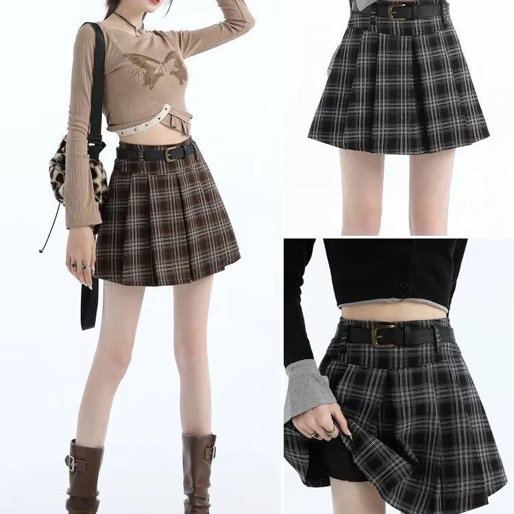 2026 Autumn Women's Retro Khaki Plaid Pleated High Waist A-line Short Skirt with Slimming Fit