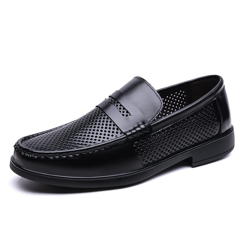 Fashion Brand Comfortable Round Toe Business Casual Leather Shoes Summer New Men Top Layer Cowhide Hollow Breathable Bean Shoes