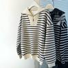 BF Striped Polo Collar Fleece Sweatshirt - Women's Autumn Winter Korean Style Casual Half Zip Top