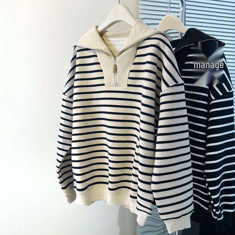 BF Striped Polo Collar Fleece Sweatshirt - Women's Autumn Winter Korean Style Casual Half Zip Top