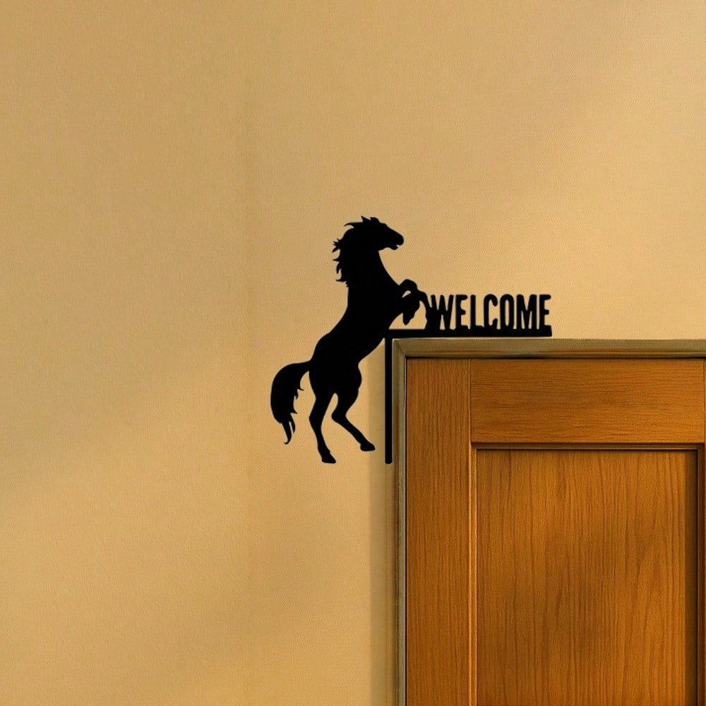 Vintage Black Horse Welcome Metal Wall Art Galloping Head Sculpture Stable Entry Equestrian Gift