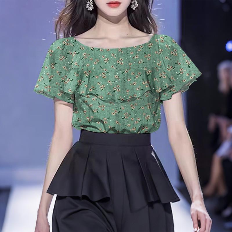 

ZANZEA Женская повседневная блузка с оборками, круглым вырезом и короткими рукавами, с цветочным принтом M зелёный