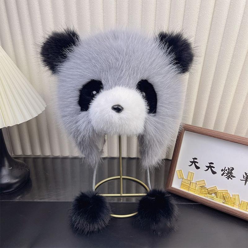 Faux Mink Fur Cap Plush Panda Hat Winter Women'S Ear Protection Hat Fashion Bomber Hat Outdoor Thicken Furry Wind Snow Caps