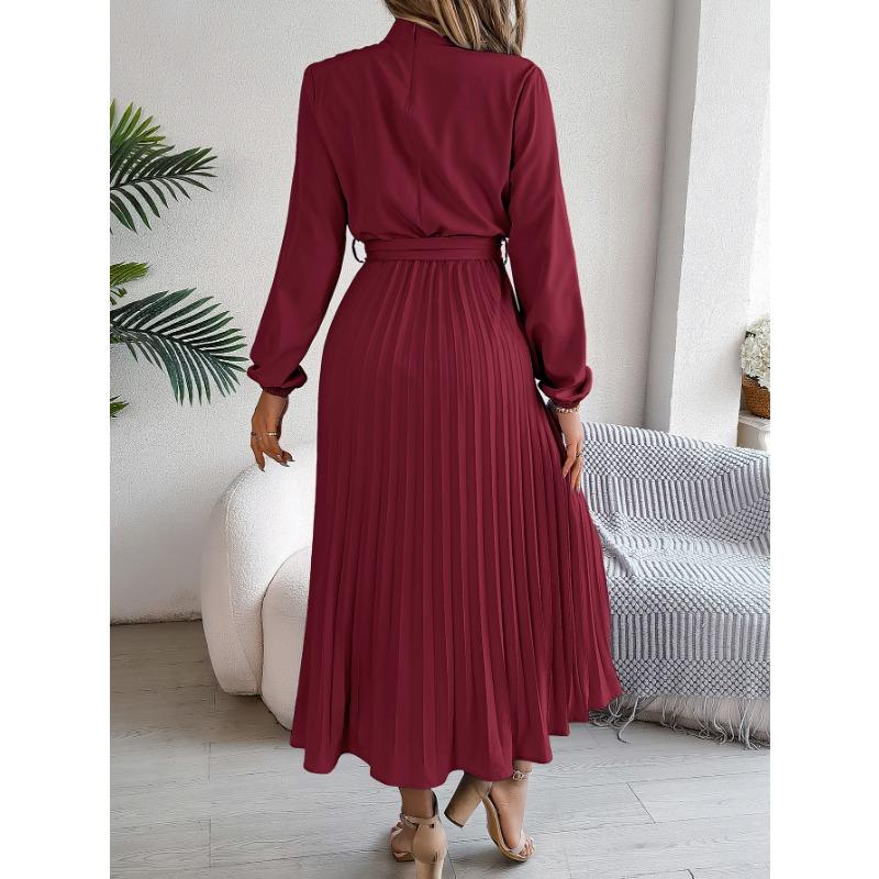 Women's Autumn and Winter Elegant Stand Collar Long Sleeve Waist Pleated Long Dress