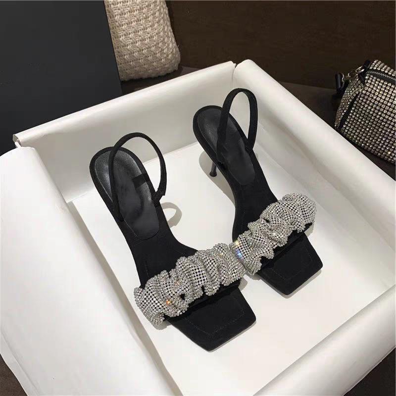 Leather rhinestone one-word strap sandals female summer new versatile fairy high-heeled sandals stiletto star