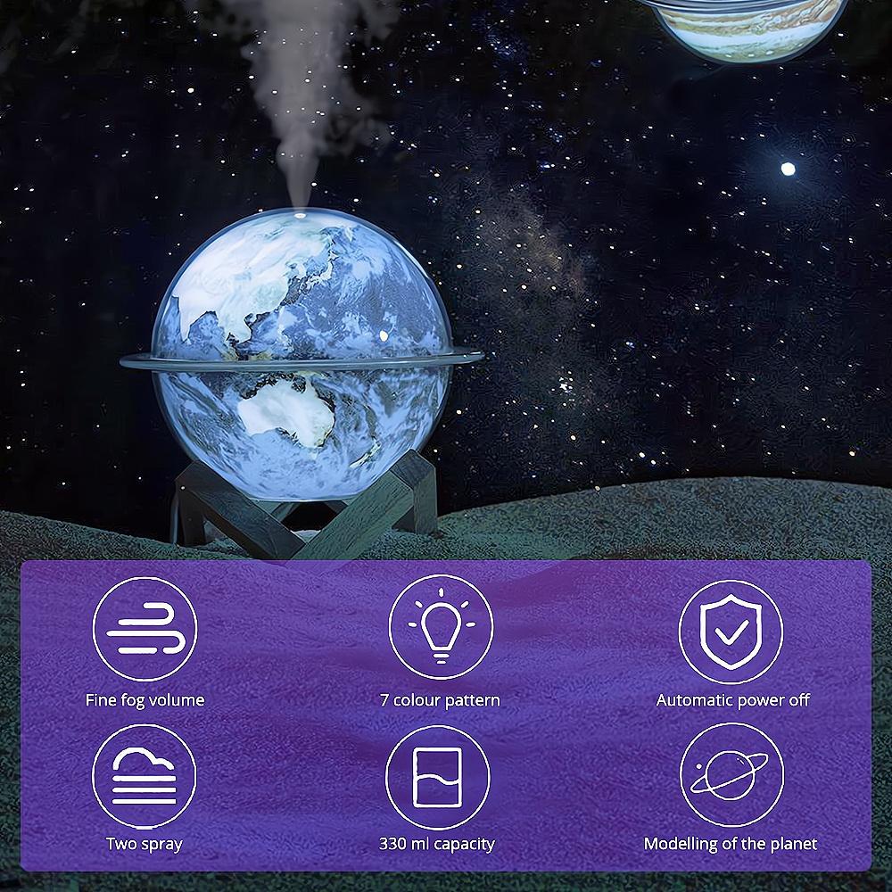 Galaxy Planet Luftbefeuchter 330ml Starker Nebel Haushaltszerstäuber LED Nachtlicht Kreisförmige tragbare USB-Aromatherapie-Atmosphärenlampe