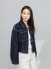 Xin Ge Women's Retro Washed Denim Jacket - Spring Arrival featuring Color Blocking, Contrast Stitching, and Loose Fit Lapel Design.